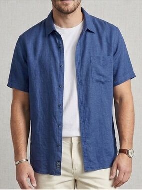 NEW Lucky Brand Shirt Mens XL Blue Linen Short Sleeve Button Up Pocket Camp